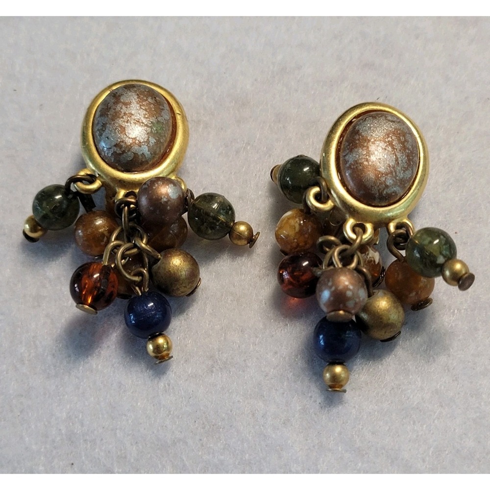Vintage Liz Claiborne Signed LCI Cluster Dangle Clip On Earrings Multicolor Bead